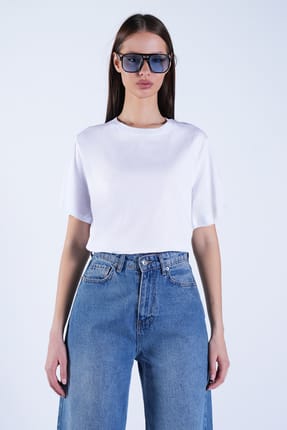 White Crew Neck Basic Crop T-Shirt Alc-X15102