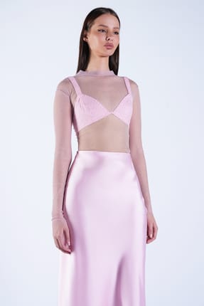 Women's Candy Pink High Neck Glittery Transparent Tulle Blouse Alc-X15126