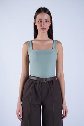 Women's Green Square Collar Thin Strap Sandy Fabric Blouse