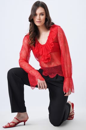 Women's Red V-Neck Ruffle Detailed Tulle Blouse Alc-X14727