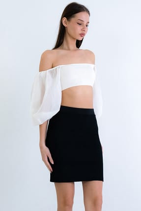 Black Self-Patterned Mini Skirt with Elastic Waist Alc-X15166