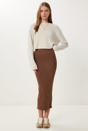 Women's Brown Washable Saran Flexible Seamless Knitted Skirt