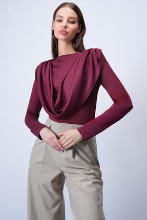 Crew Neck Knitted Blouse with Draped Shoulders and Fixed Shawl Detail Alc-X15063