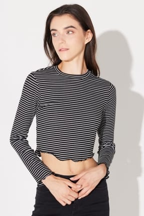 Slim Fit Slim Fit Crew Neck Black and White Striped Crop Long Sleeve T-Shirt