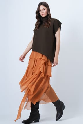 Khaki High Collar Asymmetrical Cut Sleeveless Blouse Alc-X14686