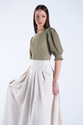 Khaki Crew Neck Balloon Sleeve Cropped Blouse Alc-X15096
