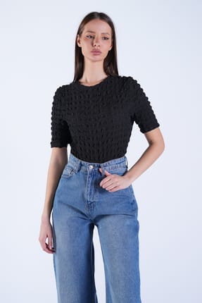 Crew Neck Short Sleeve Seersucker Fabric Blouse Alc-X15094