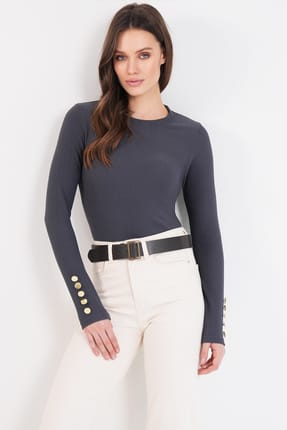 Anthracite Crew Neck Button Detailed Blouse Alc-X14801
