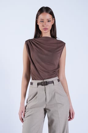 High Collar Shoulder Draped Transparent Blouse Alc-X15151