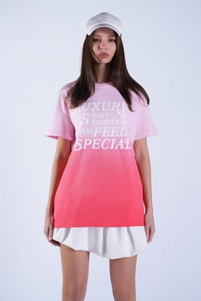 Pink Crew Neck Embossed Printed Gradient T-Shirt Alc-X15103