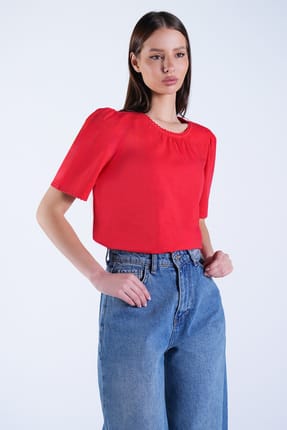 Crew Neck Blouse with Lace Detail on Sleeves and Collar Alc-X15093